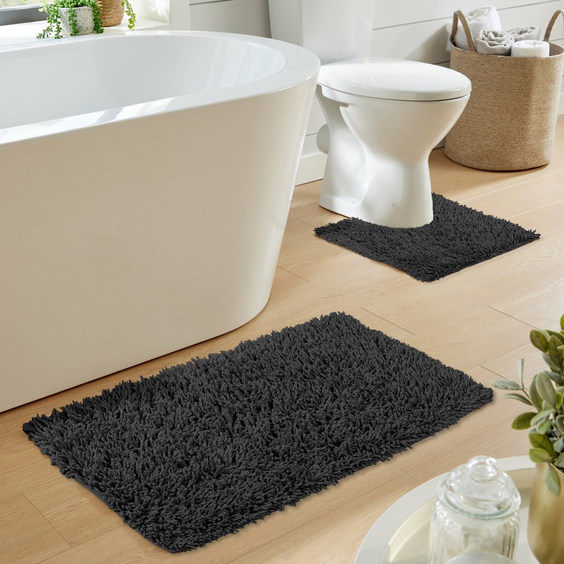 Como 2 Piece Black Bath Mat & Pedestal Set Non - Slip Super Absorbent Cotton Bathroom Mats