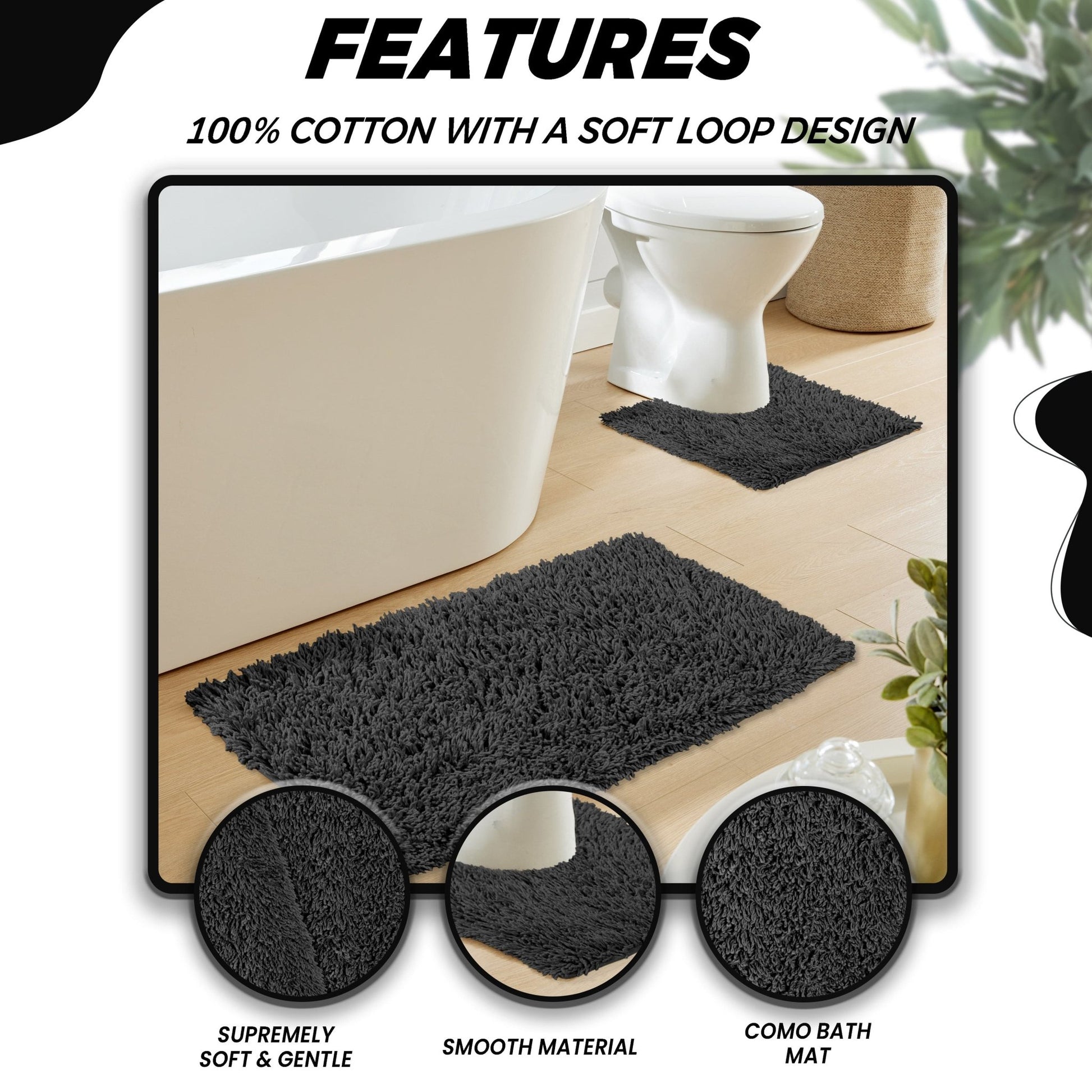 Como 2 Piece Black Bath Mat & Pedestal Set Non - Slip Super Absorbent Cotton Bathroom Mats