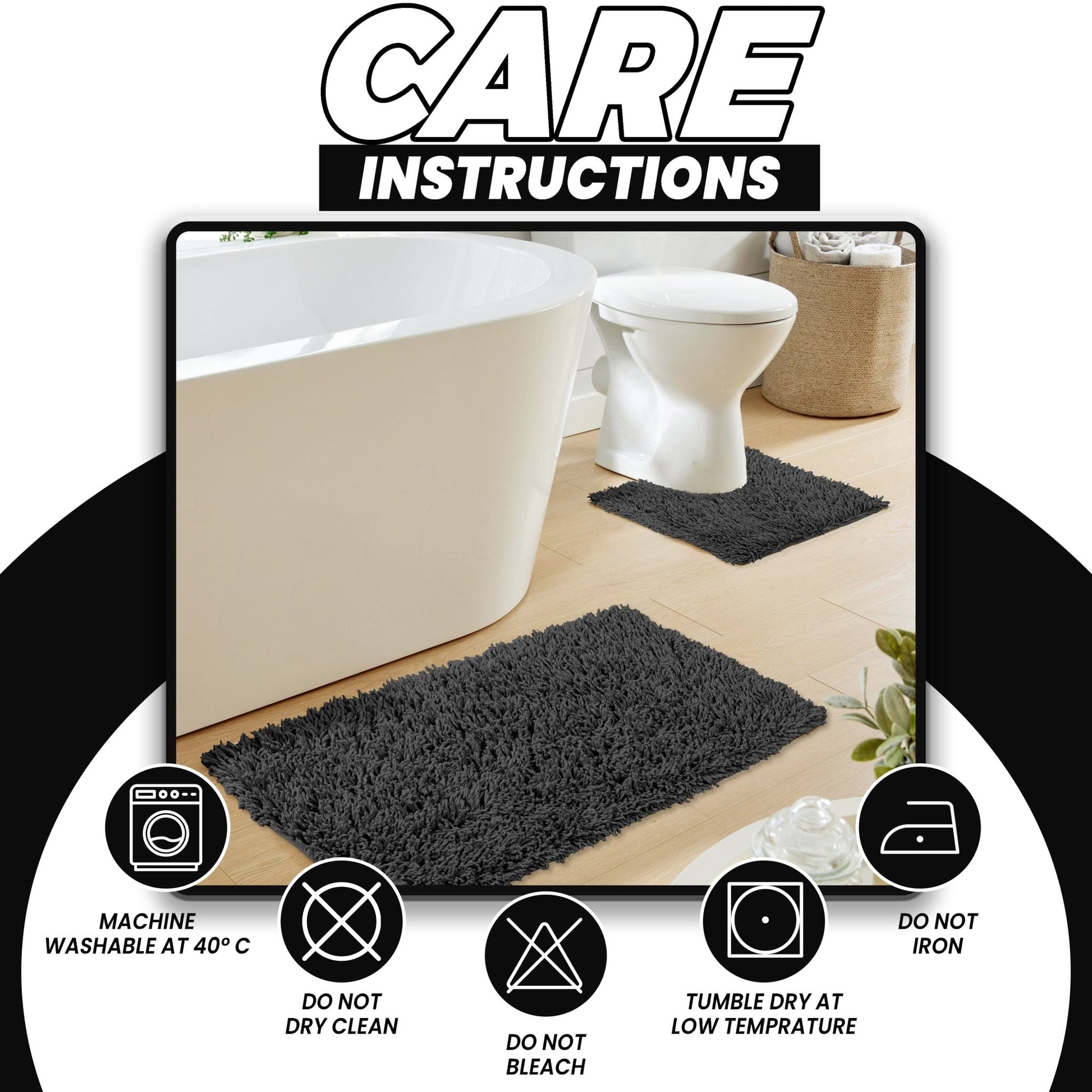 Como 2 Piece Black Bath Mat & Pedestal Set Non - Slip Super Absorbent Cotton Bathroom Mats