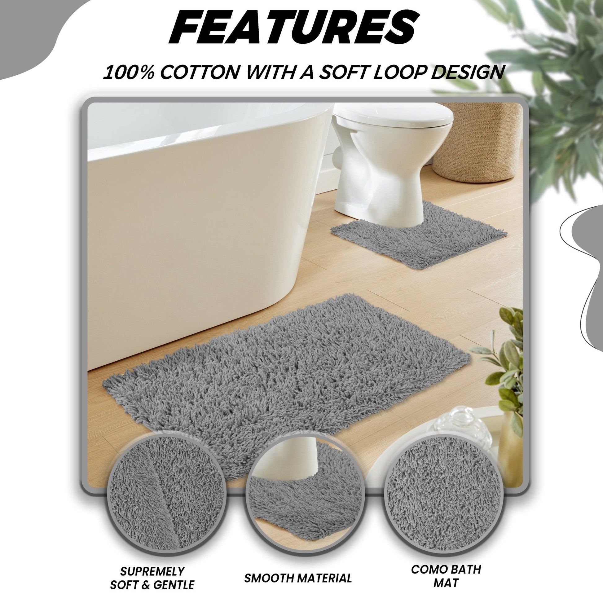 Como 2 Piece Grey Bath Mat & Pedestal Set Non - Slip Super Absorbent Cotton Bathroom Mats