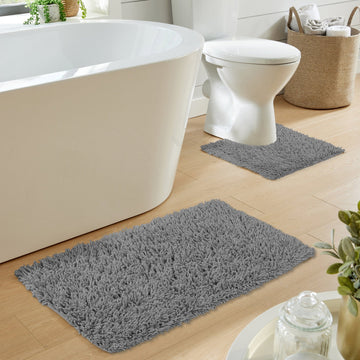 Como 2 Piece Grey Bath Mat & Pedestal Set Non - Slip Super Absorbent Cotton Bathroom Mats
