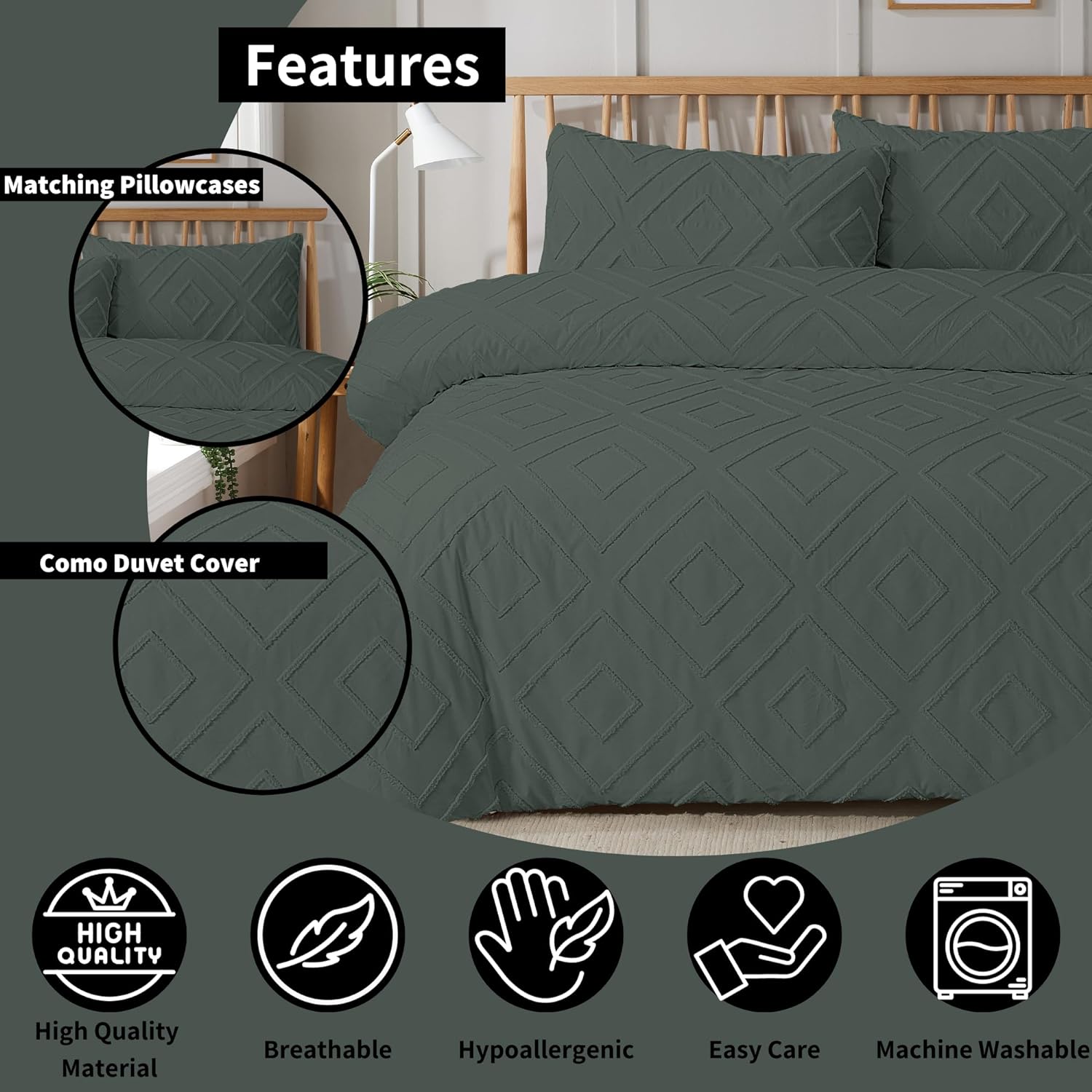 Como Tufted Duvet Cover Set with Pillowcases Grey Natural White Elegant Easy - Care Bedding Single Double King Sizes