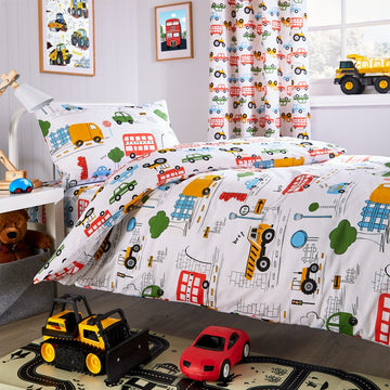 Construction Vehicle Vibrant Kids Duvet Set with Matching Pillowcase Optional Curtains Cotton Blend Bedding for Boys Bedrooms