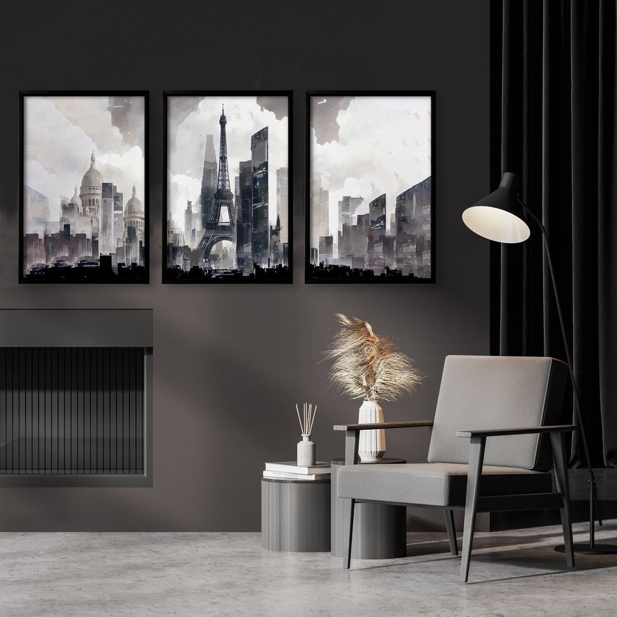 Contemporary Artwork Paris Skyline wall art | Monochrome Watercolour Eiffel Tower & Sacré-Cœur Grey City Scene displayed on a wall in a styled room