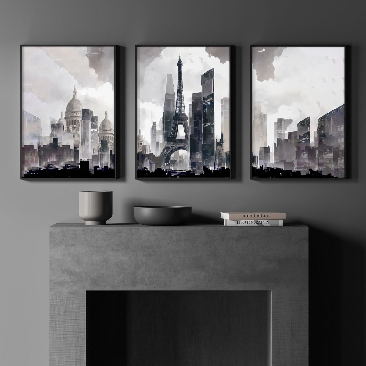 Contemporary Artwork Paris Skyline wall art | Monochrome Watercolour Eiffel Tower & Sacré-Cœur Grey City Scene displayed on a wall in a styled room — view 2