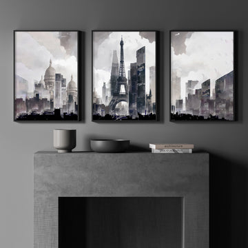 Contemporary Artwork Paris Skyline wall art | Monochrome Watercolour Eiffel Tower & Sacré-Cœur Grey City Scene displayed on a wall in a styled room — view 2