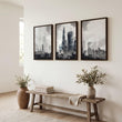Contemporary Wall Art Large London Skyline Grey Watercolour Cityscape displayed on a wall in a styled room