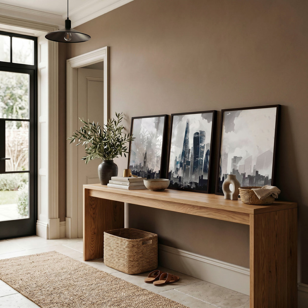 Contemporary Wall Art Large London Skyline Grey Watercolour Cityscape displayed on a wall in a styled room — view 10