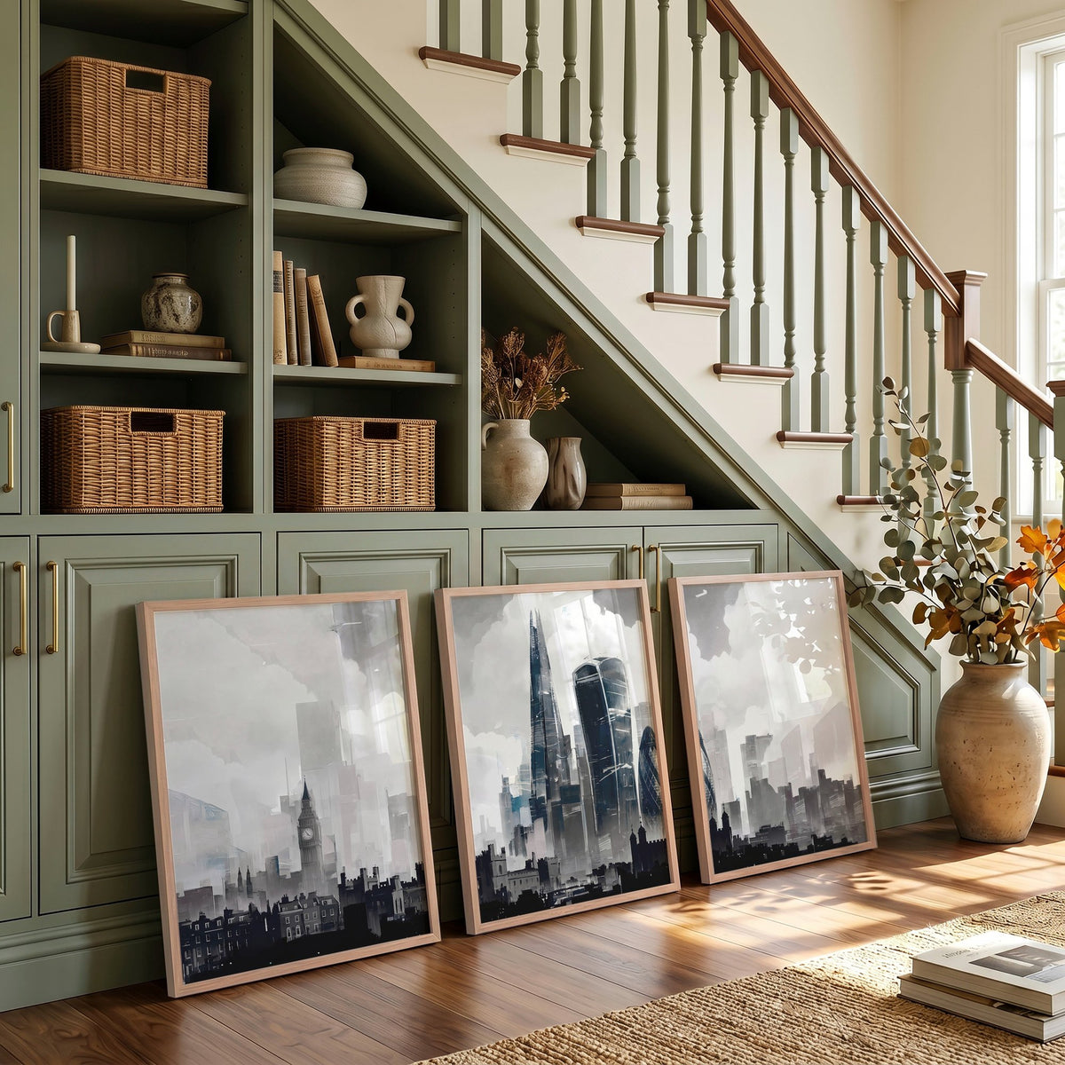 Contemporary Wall Art Large London Skyline Grey Watercolour Cityscape displayed on a wall in a styled room — view 2