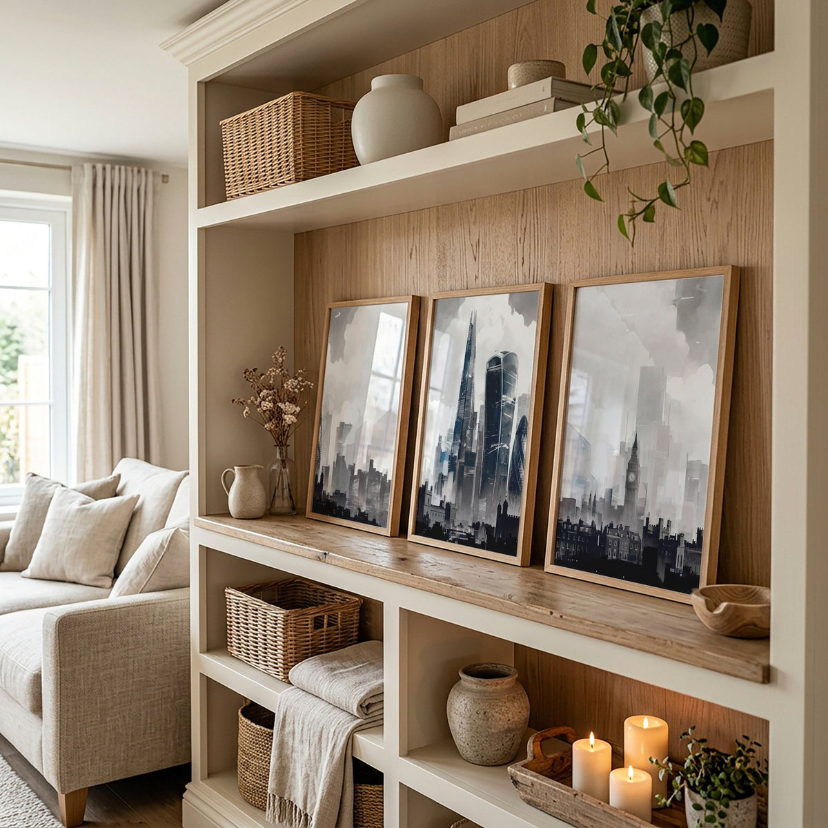 Contemporary Wall Art Large London Skyline Grey Watercolour Cityscape displayed on a wall in a styled room — view 3