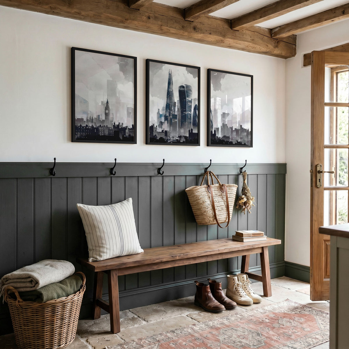Contemporary Wall Art Large London Skyline Grey Watercolour Cityscape displayed on a wall in a styled room — view 7