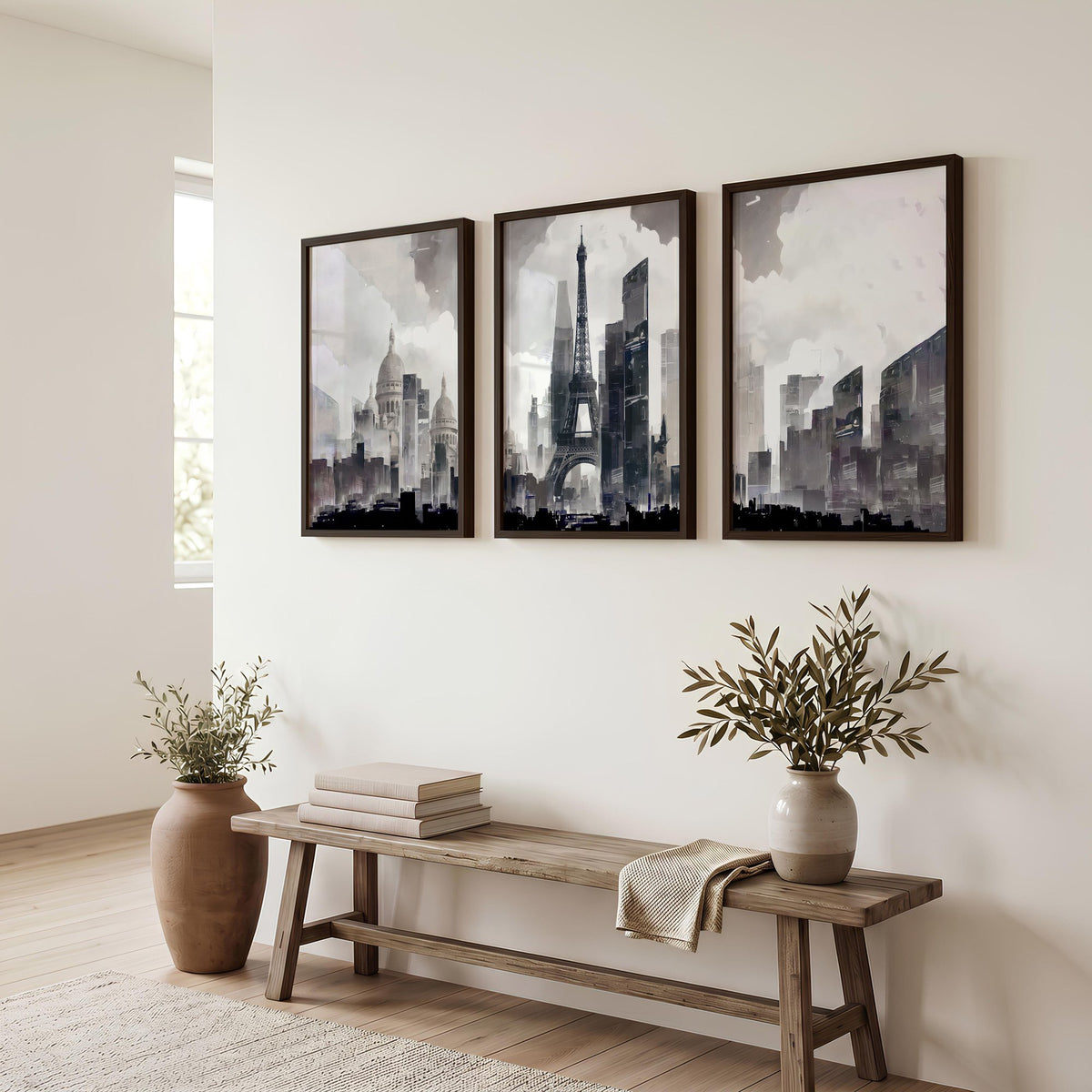 Contemporary Wall Decor Paris Skyline Watercolour Grey Art wall art displayed on a wall in a styled room — view 11