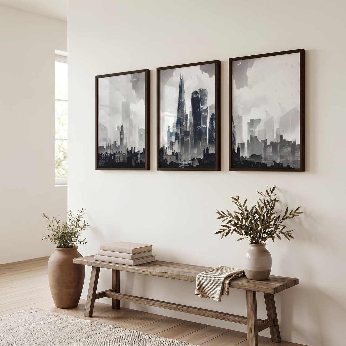 Contemporary Wall Decor Paris Skyline Watercolour Grey Art wall art displayed on a wall in a styled room — view 2