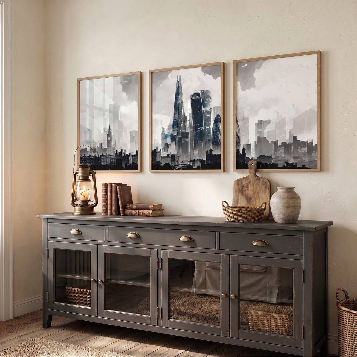 Contemporary Wall Decor Paris Skyline Watercolour Grey Art wall art displayed on a wall in a styled room — view 5