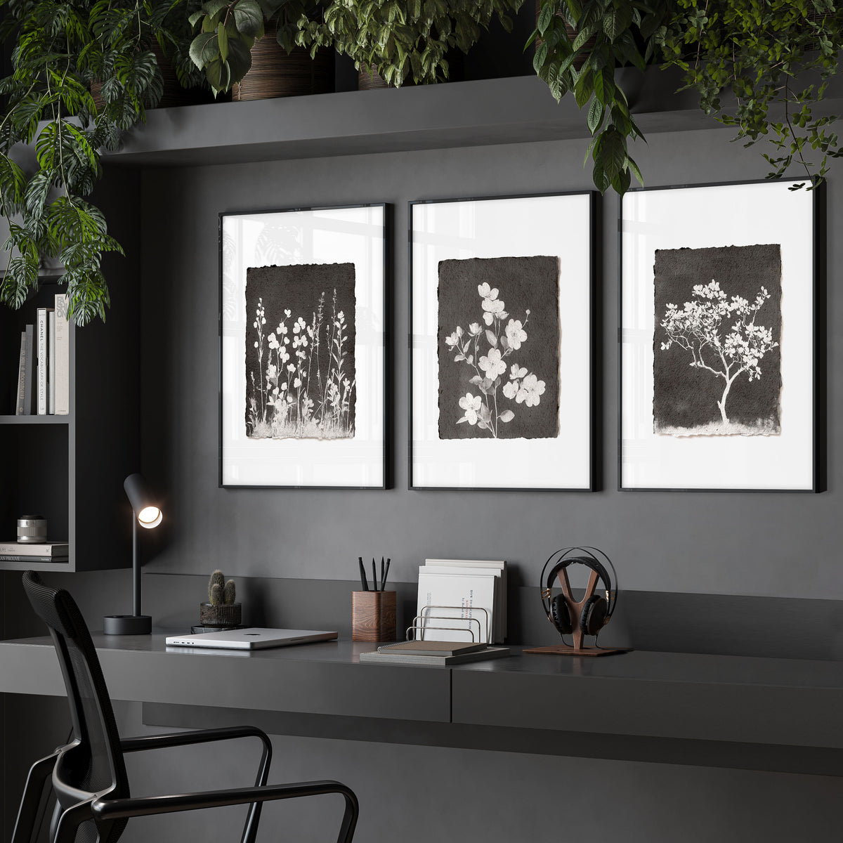 Dark Brown Wall Art Botanical Wildflowers & Blossom Tree wall art displayed on a wall in a styled room