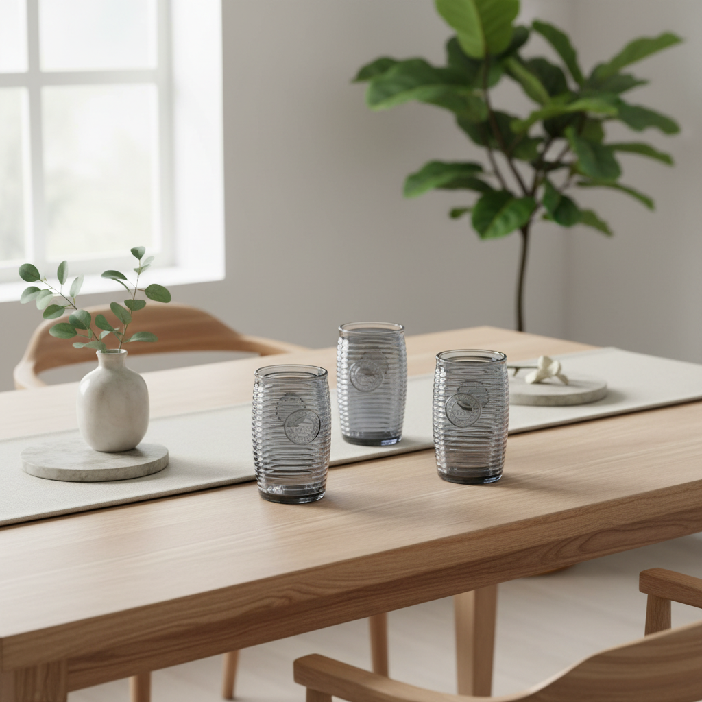 Dayla Set of Four Grey Ribbed Glass Tumblers