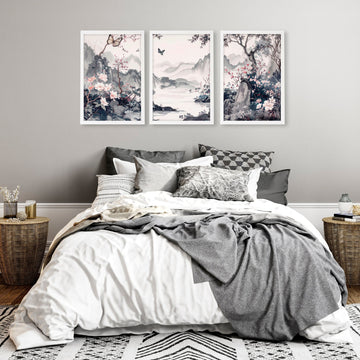 Decorating Bedroom Walls | Set of 3 Chinoiserie Wall art Prints
