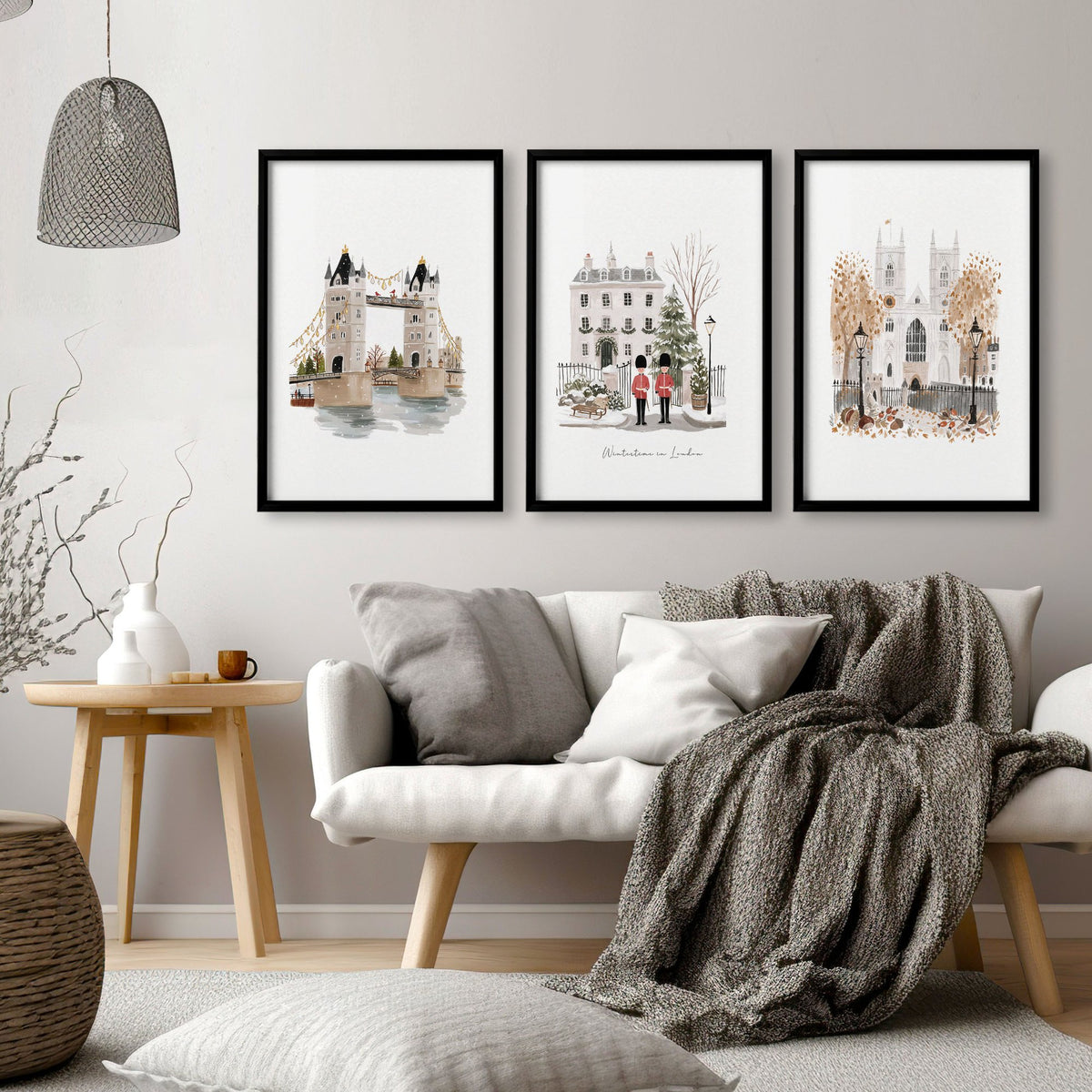 Decorative Wall Hangings for Living Room London Bridge Travel Art wall art | "Wintertime in London" displayed on a wall in a styled room — view 10