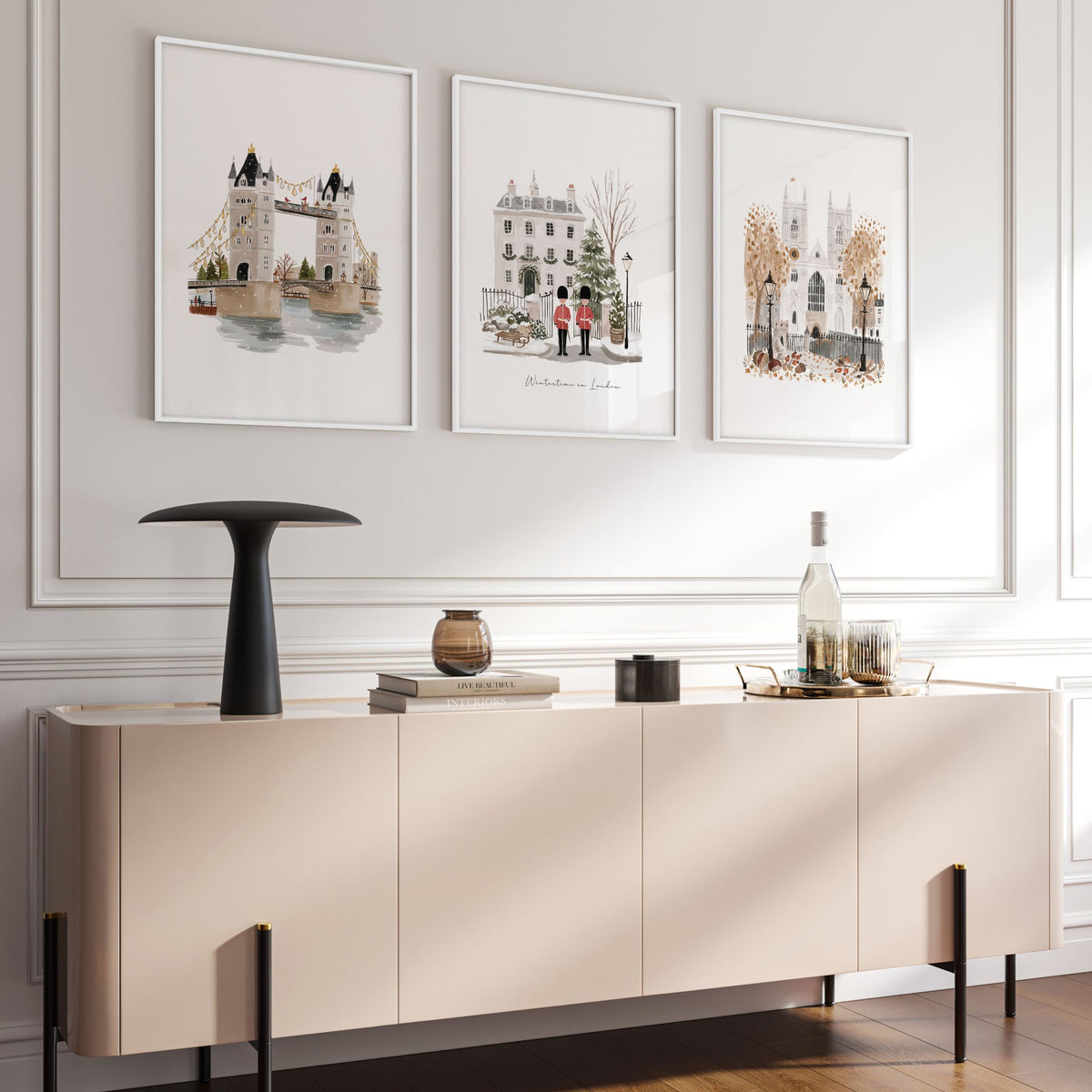 Decorative Wall Hangings for Living Room London Bridge Travel Art wall art | "Wintertime in London" displayed on a wall in a styled room — view 12