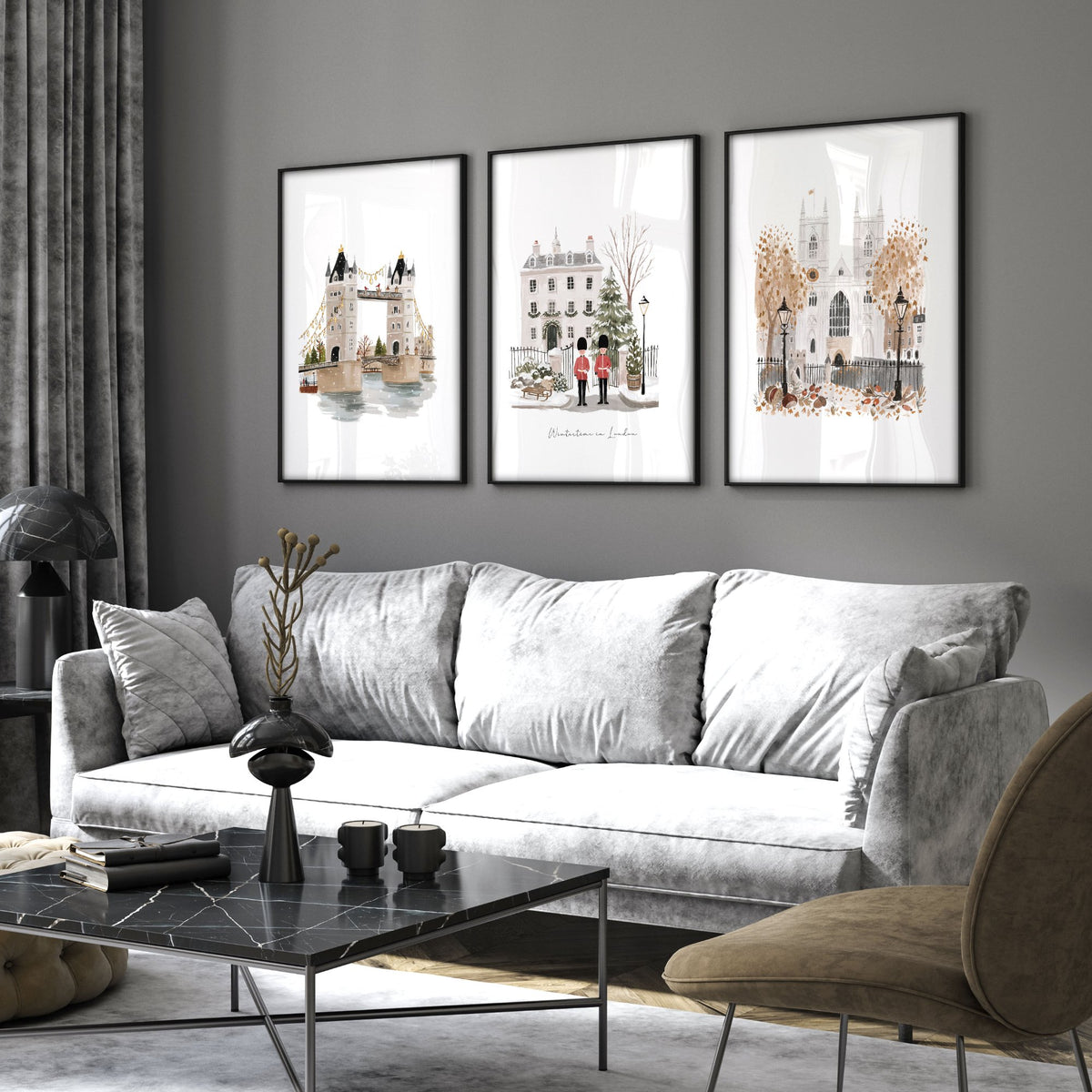 Decorative Wall Hangings for Living Room London Bridge Travel Art wall art | "Wintertime in London" displayed on a wall in a styled room — view 2