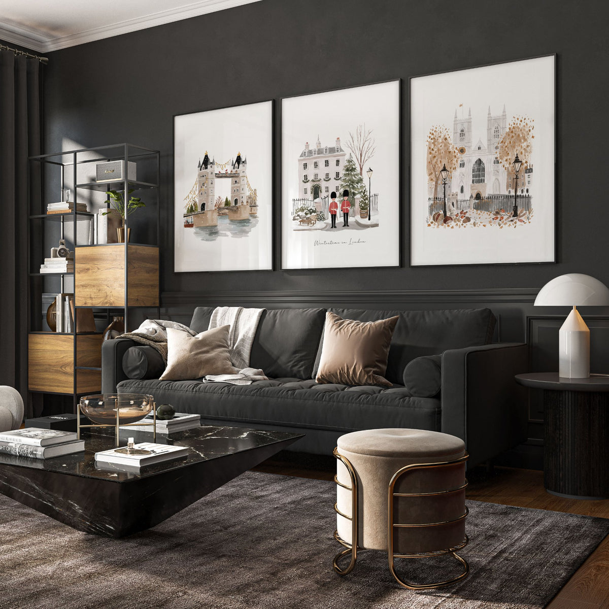 Decorative Wall Hangings for Living Room London Bridge Travel Art wall art | "Wintertime in London" displayed on a wall in a styled room — view 5