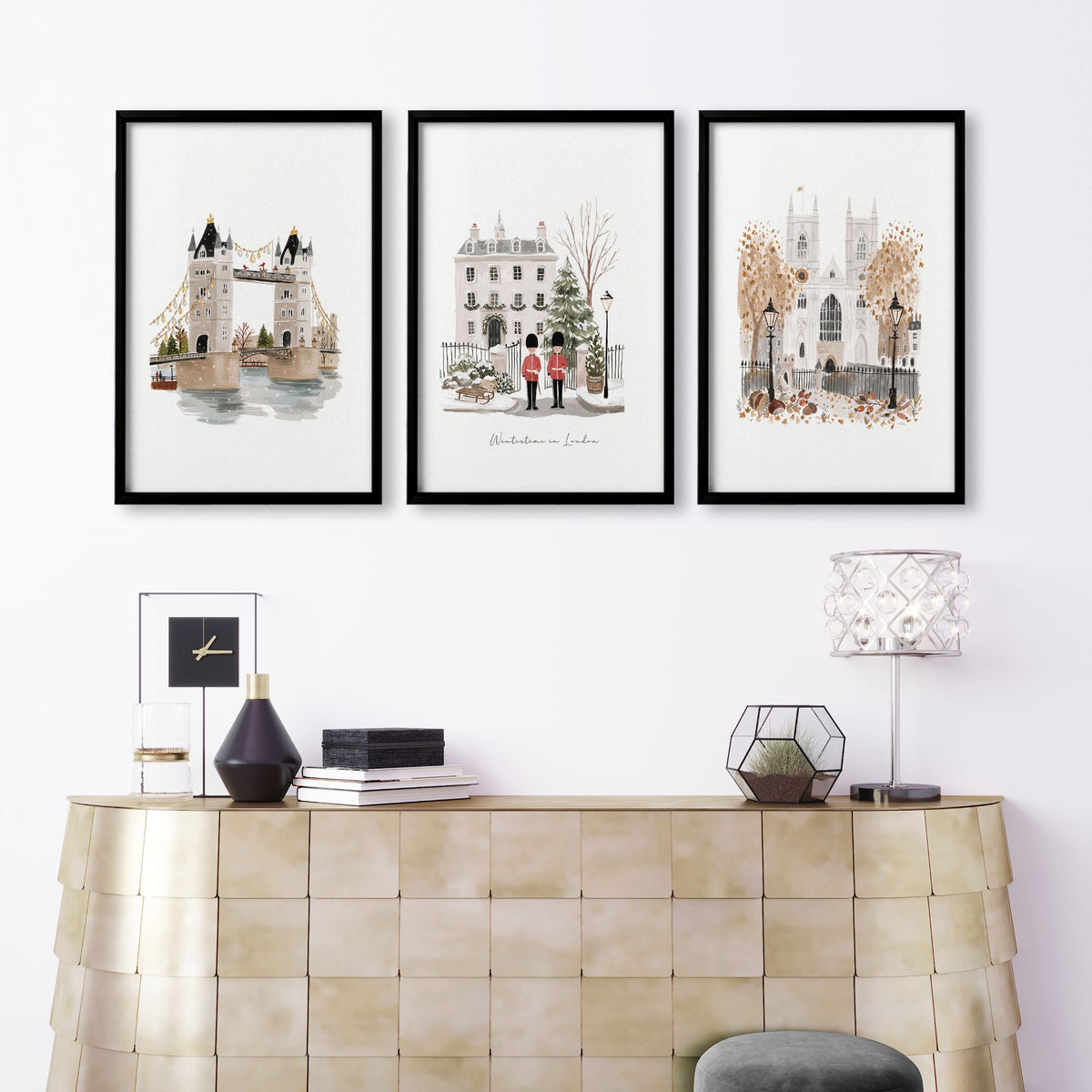 Decorative Wall Hangings for Living Room London Bridge Travel Art wall art | "Wintertime in London" displayed on a wall in a styled room — view 7
