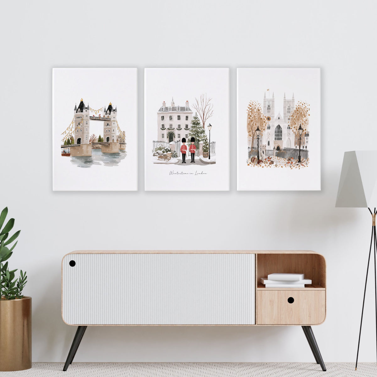 Decorative Wall Hangings for Living Room London Bridge Travel Art wall art | "Wintertime in London" displayed on a wall in a styled room — view 9