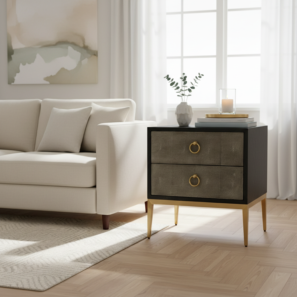 Deruta Two Drawer Grey Shagreen Effect Side Table