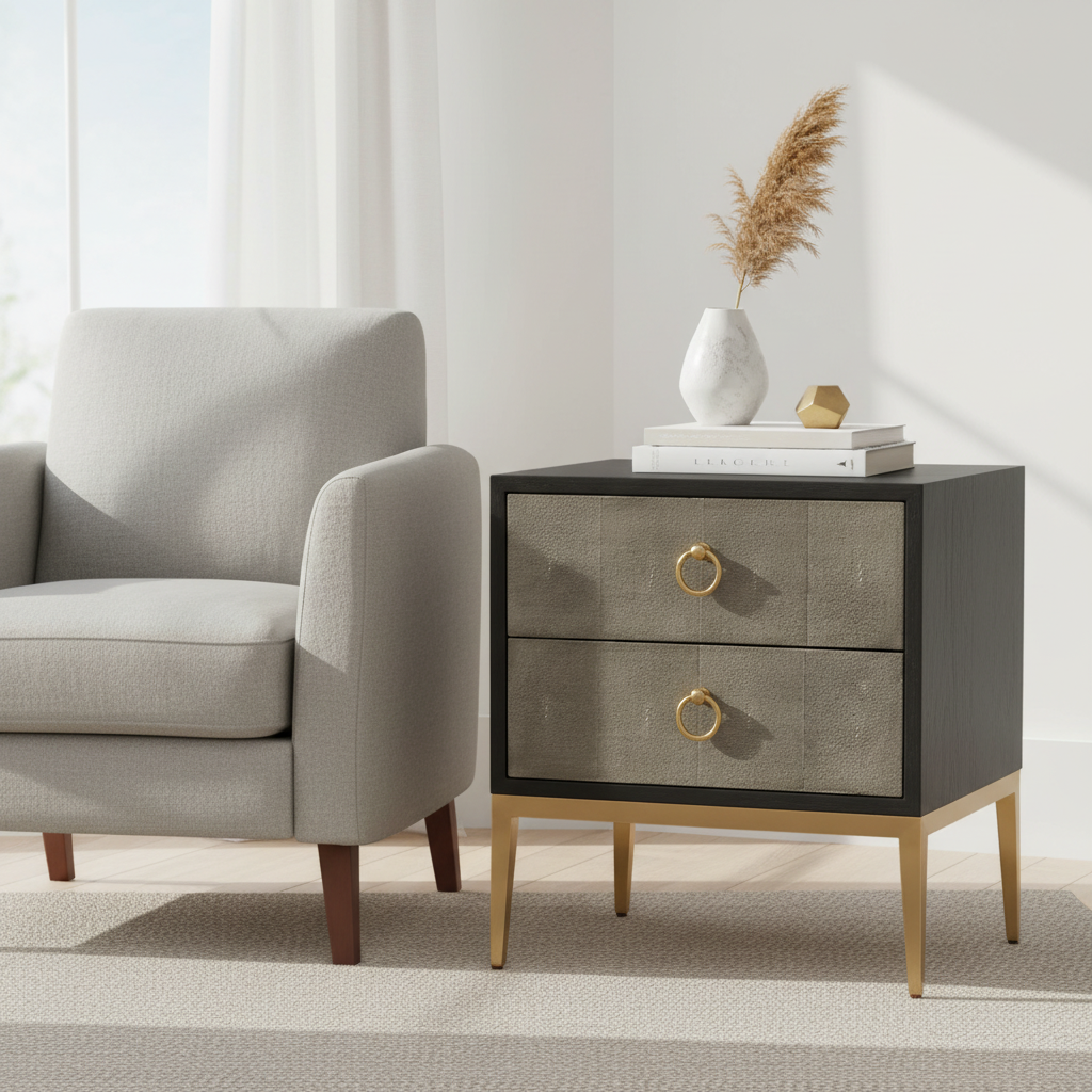 Deruta Two Drawer Grey Shagreen Effect Side Table