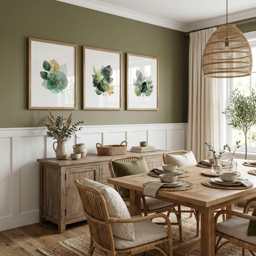 Dining Room Art Farmhouse Botanical Leaves Green & Gold-Toned wall art displayed on a wall in a styled room