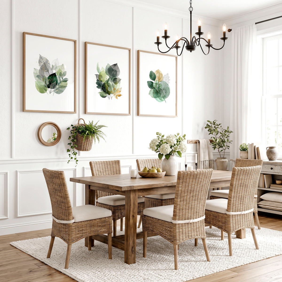 Dining Room Art Farmhouse Botanical Leaves Green & Gold-Toned wall art displayed on a wall in a styled room — view 2