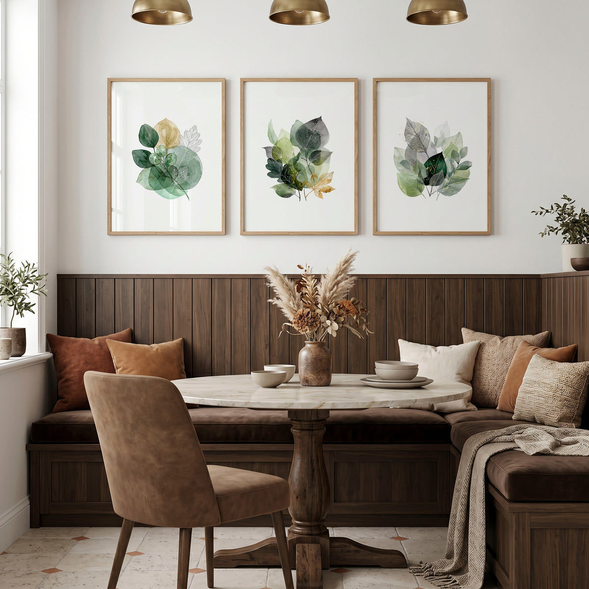 Dining Room Art Farmhouse Botanical Leaves Green & Gold-Toned wall art displayed on a wall in a styled room — view 3