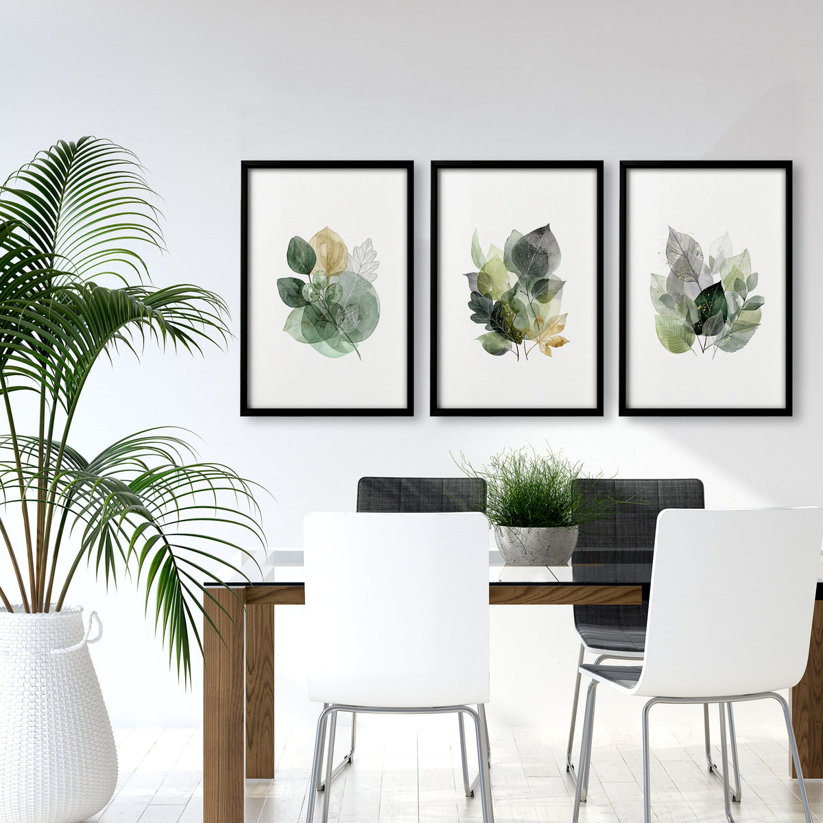 Dining Room Art Farmhouse Botanical Leaves Green & Gold-Toned wall art displayed on a wall in a styled room — view 4