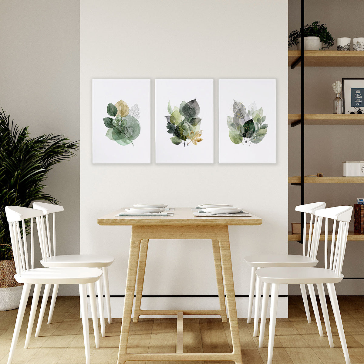 Dining Room Art Farmhouse Botanical Leaves Green & Gold-Toned wall art displayed on a wall in a styled room — view 5