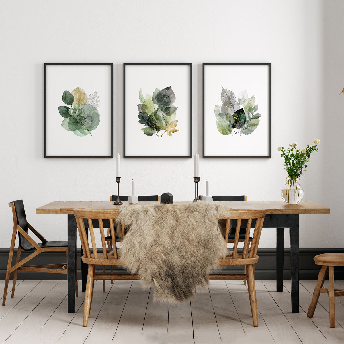 Dining Room Art Farmhouse Botanical Leaves Green & Gold-Toned wall art displayed on a wall in a styled room — view 6
