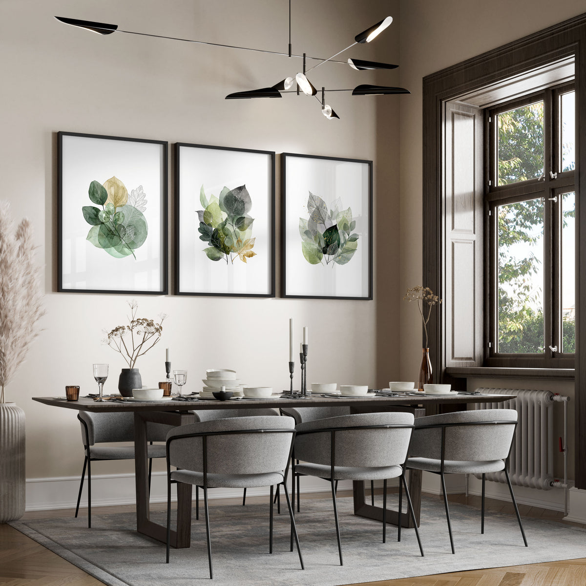 Dining Room Art Farmhouse Botanical Leaves Green & Gold-Toned wall art displayed on a wall in a styled room — view 7