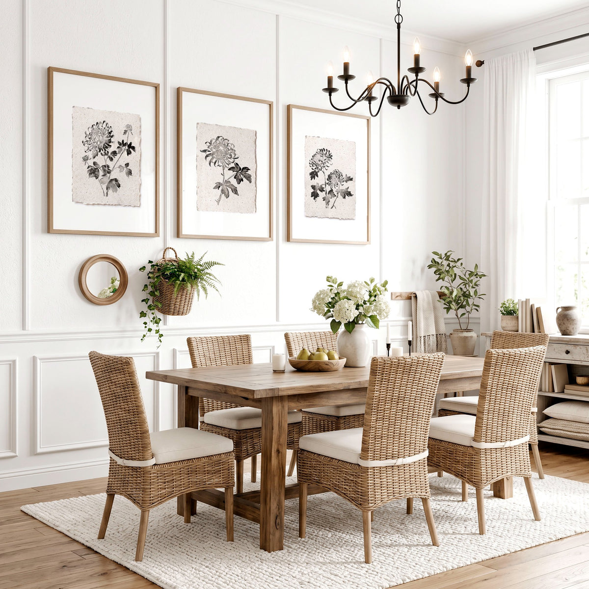 Dining Room Paintings Botanical Chrysanthemum Ink Study wall art displayed on a wall in a styled room — view 2