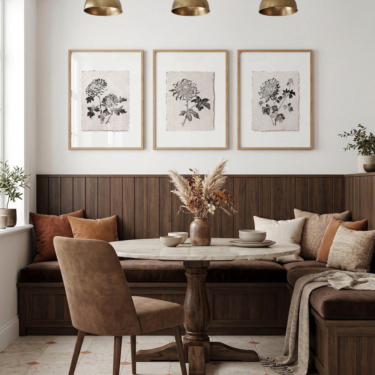 Dining Room Paintings Botanical Chrysanthemum Ink Study wall art displayed on a wall in a styled room — view 3