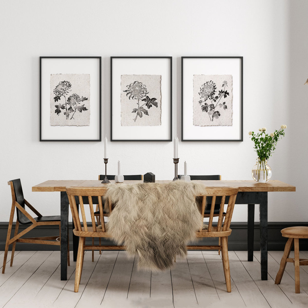 Dining Room Paintings Botanical Chrysanthemum Ink Study wall art displayed on a wall in a styled room — view 5