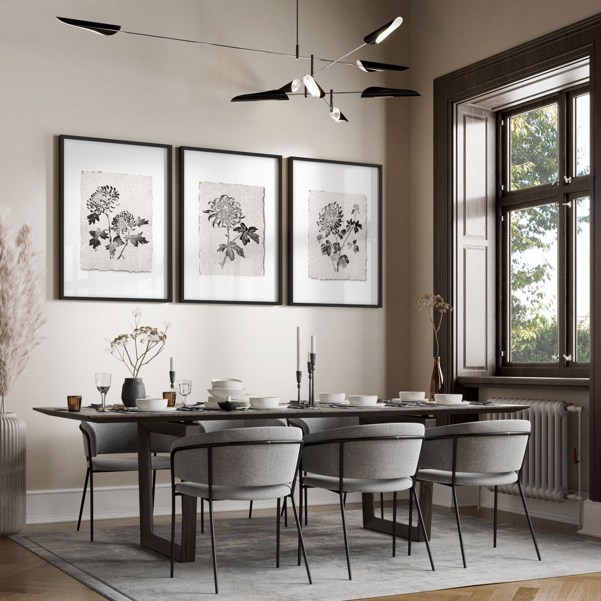 Dining Room Paintings Botanical Chrysanthemum Ink Study wall art displayed on a wall in a styled room — view 6