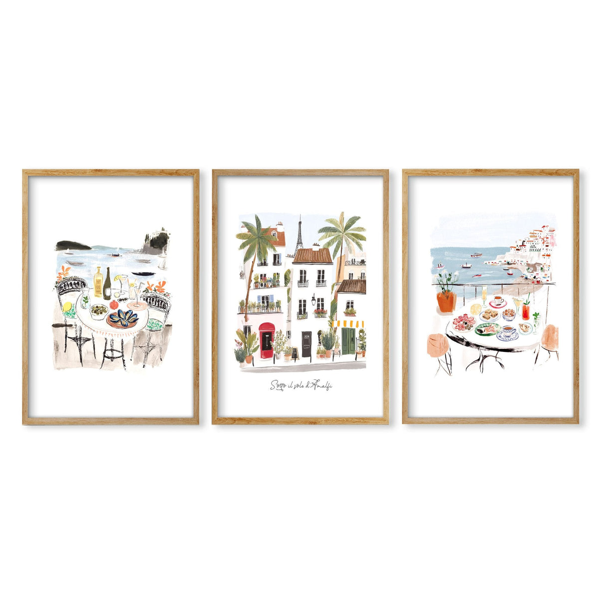 Dining Room Wall Art Amalfi Coast Mediterranean Watercolour Prints "Sotto il sole di Amalfi" | Set of 3