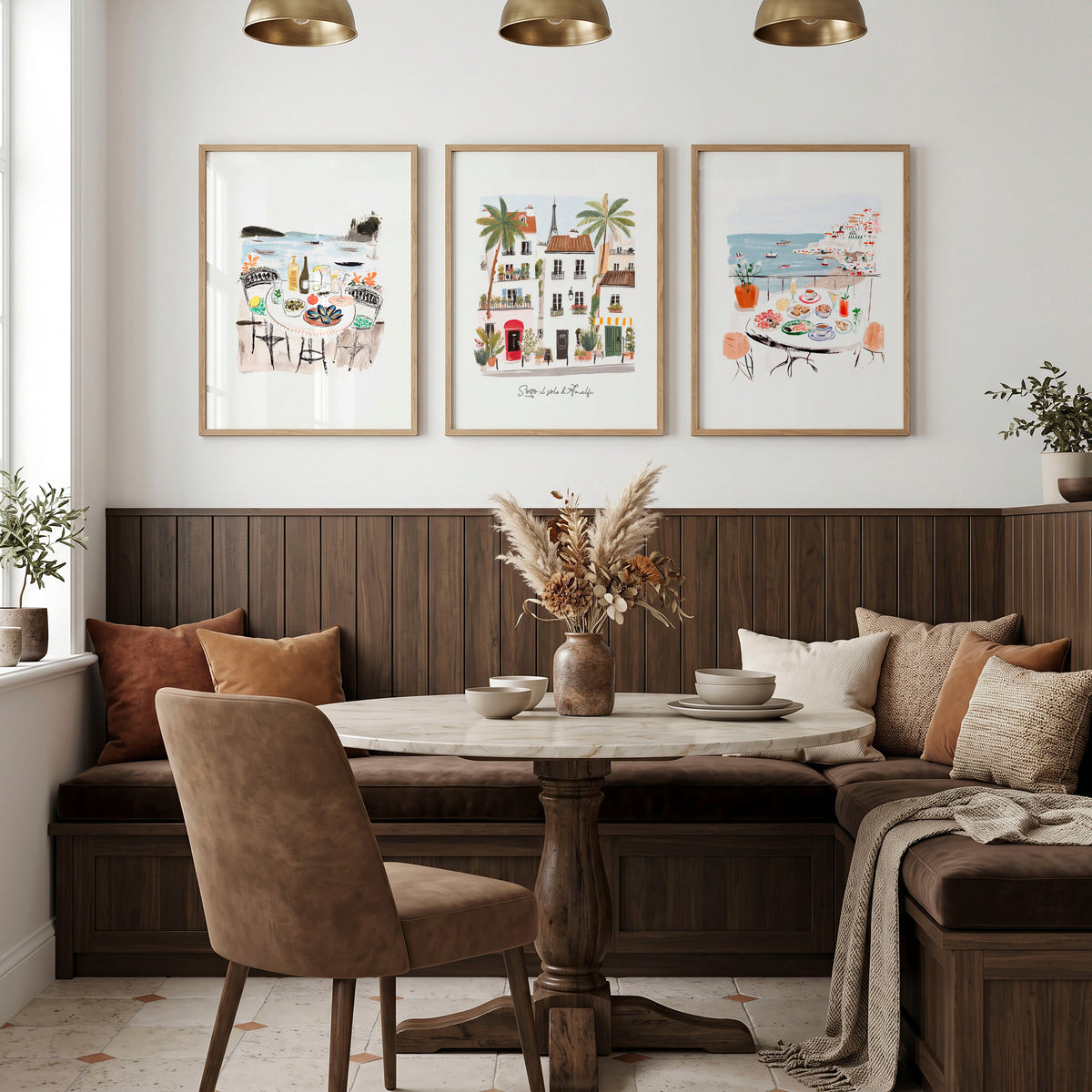 Dining Room Wall Art Amalfi Coast Mediterranean Watercolour Prints "Sotto il sole di Amalfi" | Set of 3