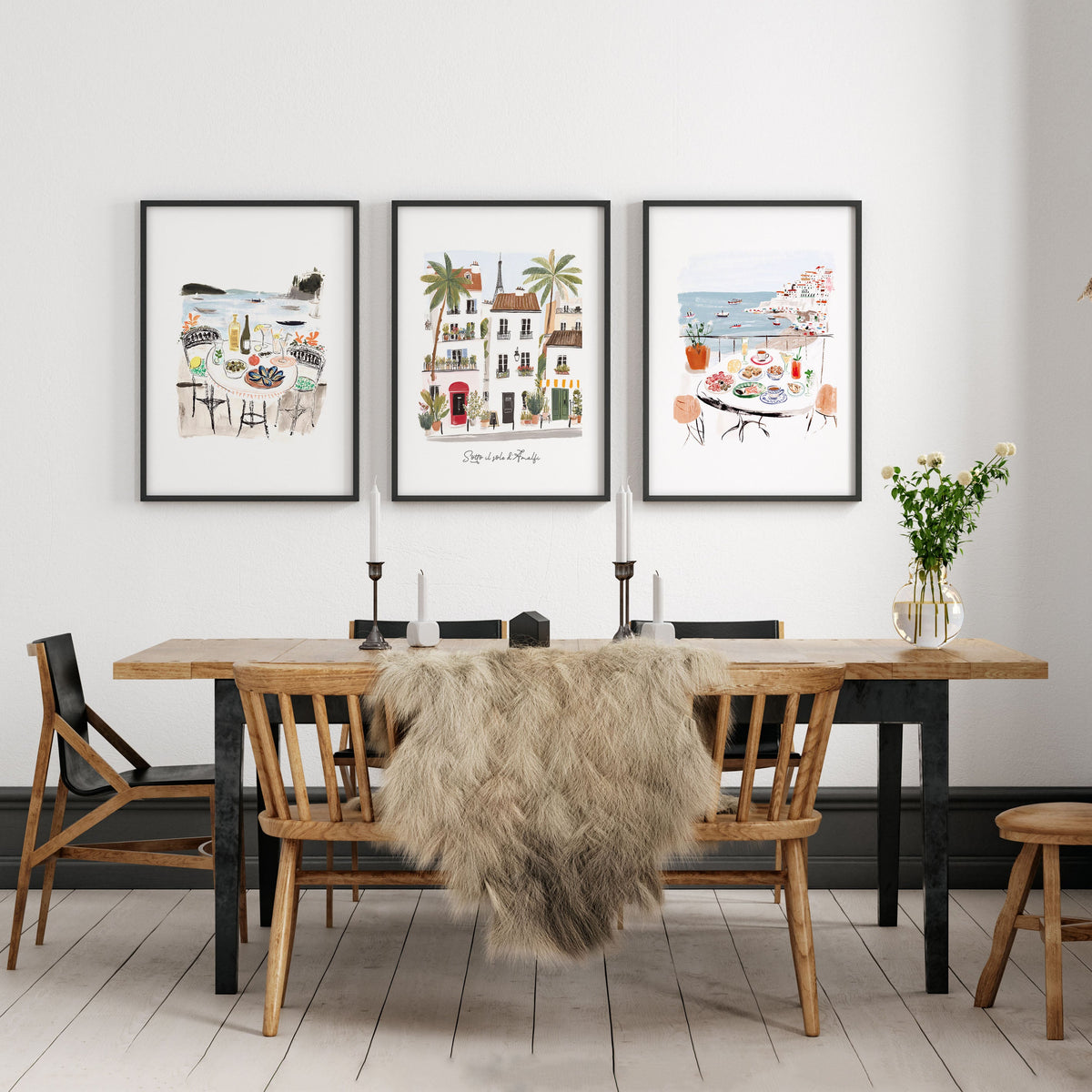 Dining Room Wall Art Amalfi Coast Mediterranean Watercolour Prints "Sotto il sole di Amalfi" | Set of 3