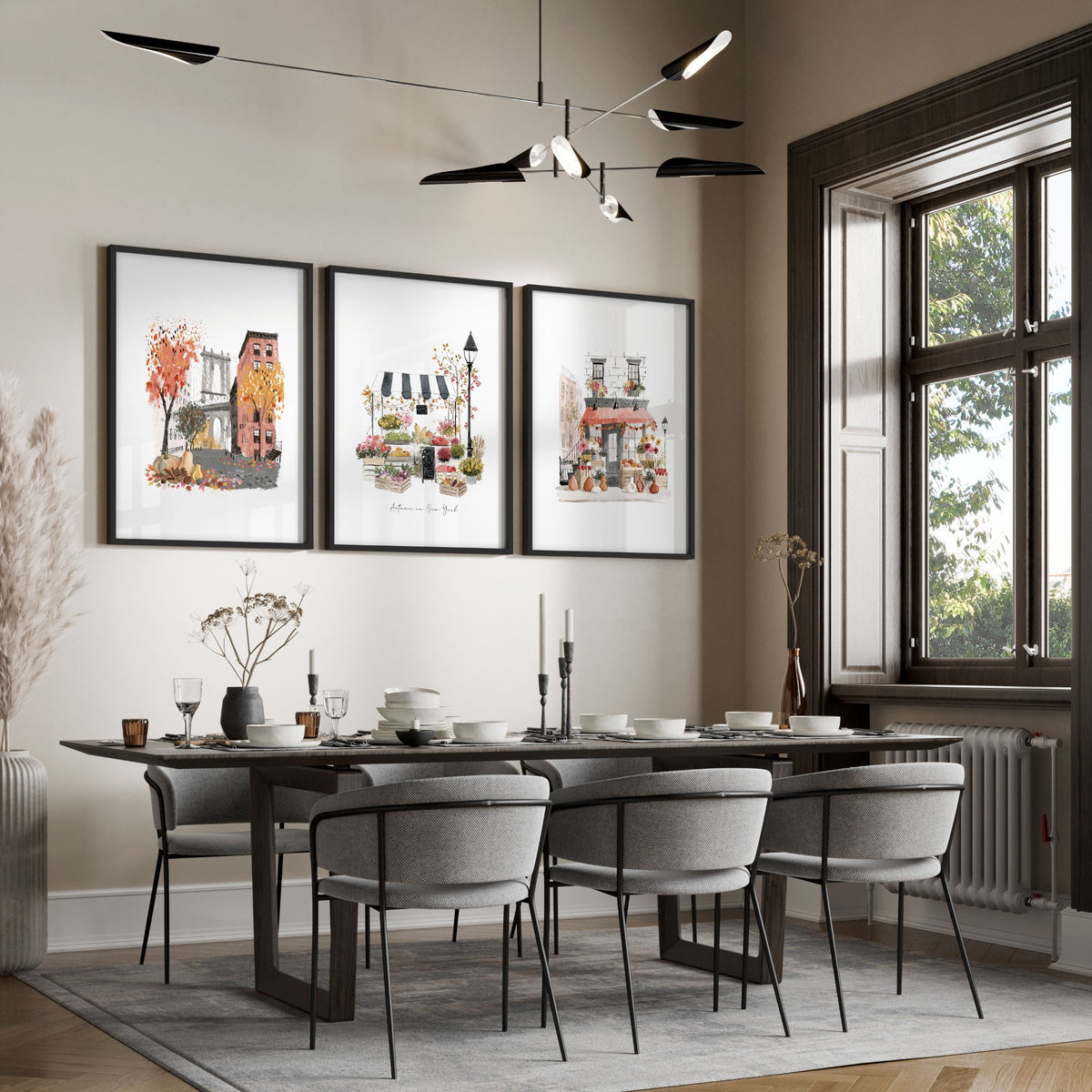 Dining Room Wall Art Canvas "Autumn in New York" NYC Travel Watercolour wall art displayed on a wall in a styled room