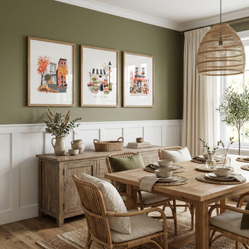 Dining Room Wall Art Canvas "Autumn in New York" NYC Travel Watercolour wall art displayed on a wall in a styled room — view 2