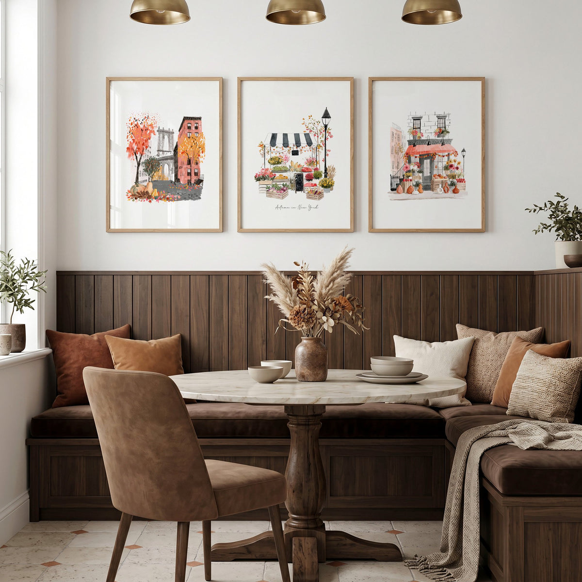 Dining Room Wall Art Canvas "Autumn in New York" NYC Travel Watercolour wall art displayed on a wall in a styled room — view 4