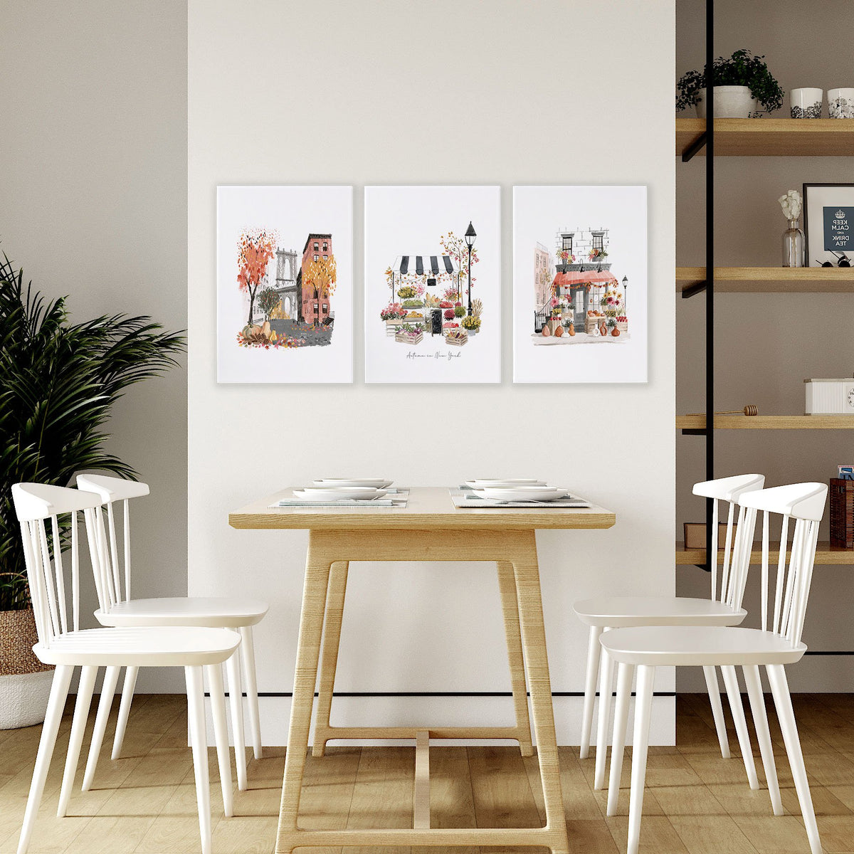 Dining Room Wall Art Canvas "Autumn in New York" NYC Travel Watercolour wall art displayed on a wall in a styled room — view 6