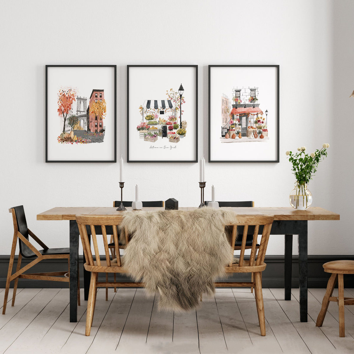 Dining Room Wall Art Canvas "Autumn in New York" NYC Travel Watercolour wall art displayed on a wall in a styled room — view 7