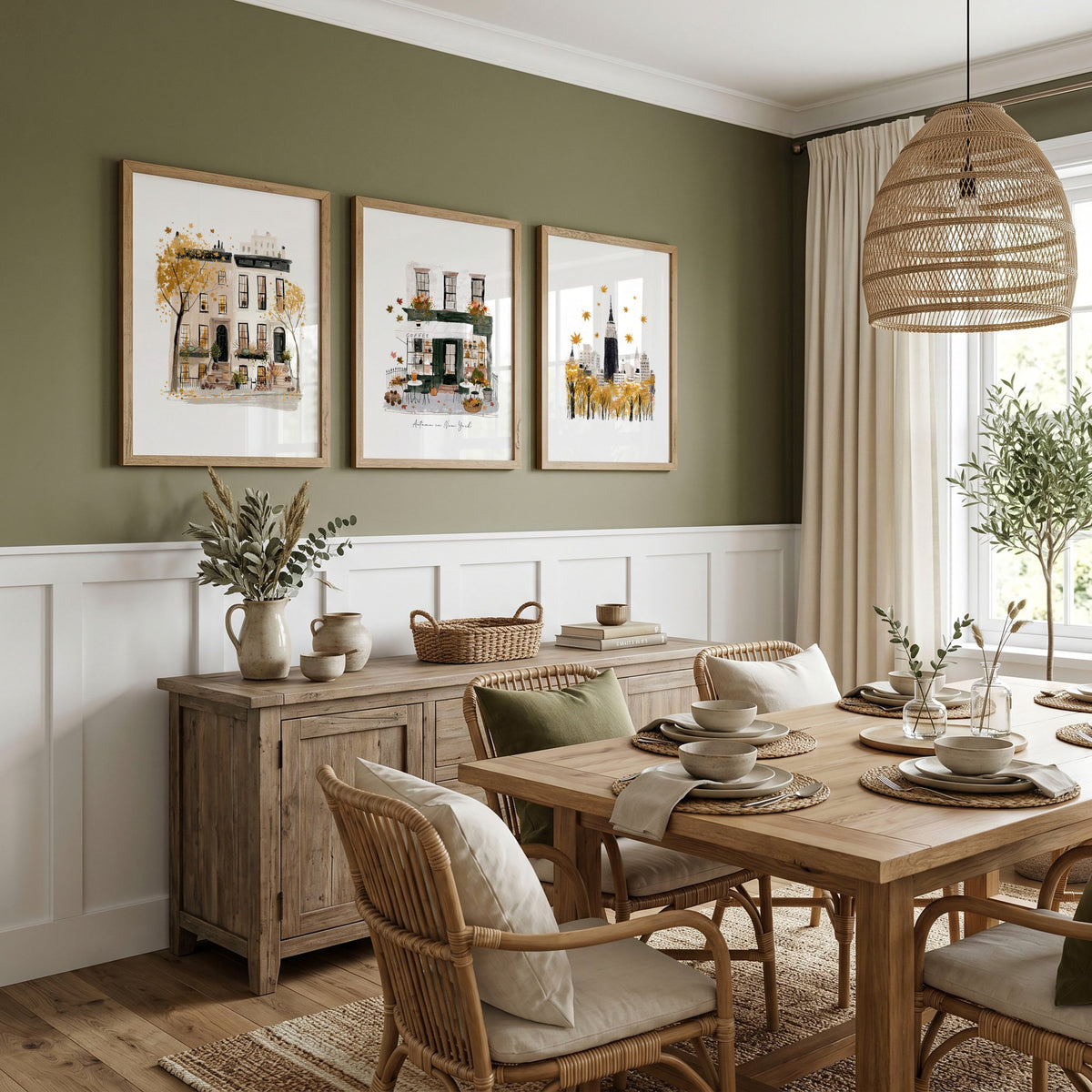 Dining Room Wall Art Decor New York Autumn Ochre Travel wall art | "Autumn in New York" displayed on a wall in a styled room