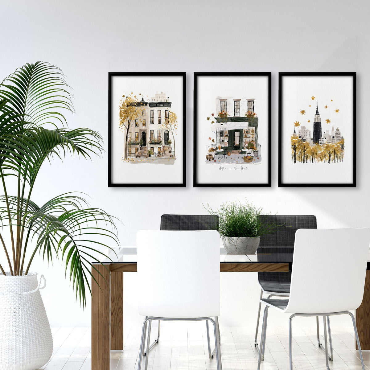 Dining Room Wall Art Decor New York Autumn Ochre Travel wall art | "Autumn in New York" displayed on a wall in a styled room — view 4